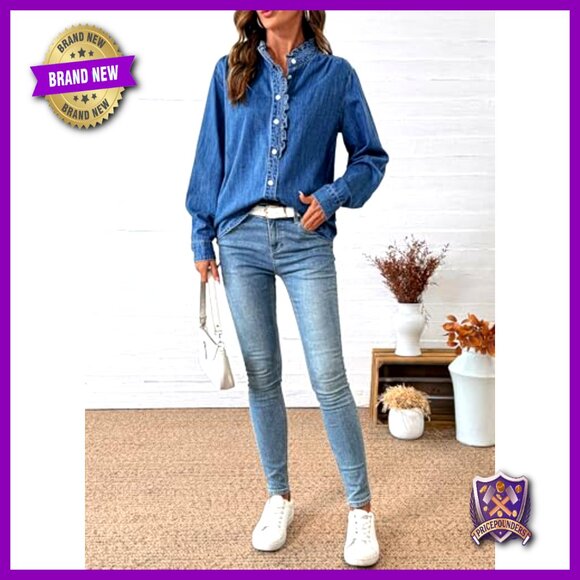 Denim Button Down Shirt Long Sleeve Ruffled Edge Casual Blouse - Picture 6 of 7